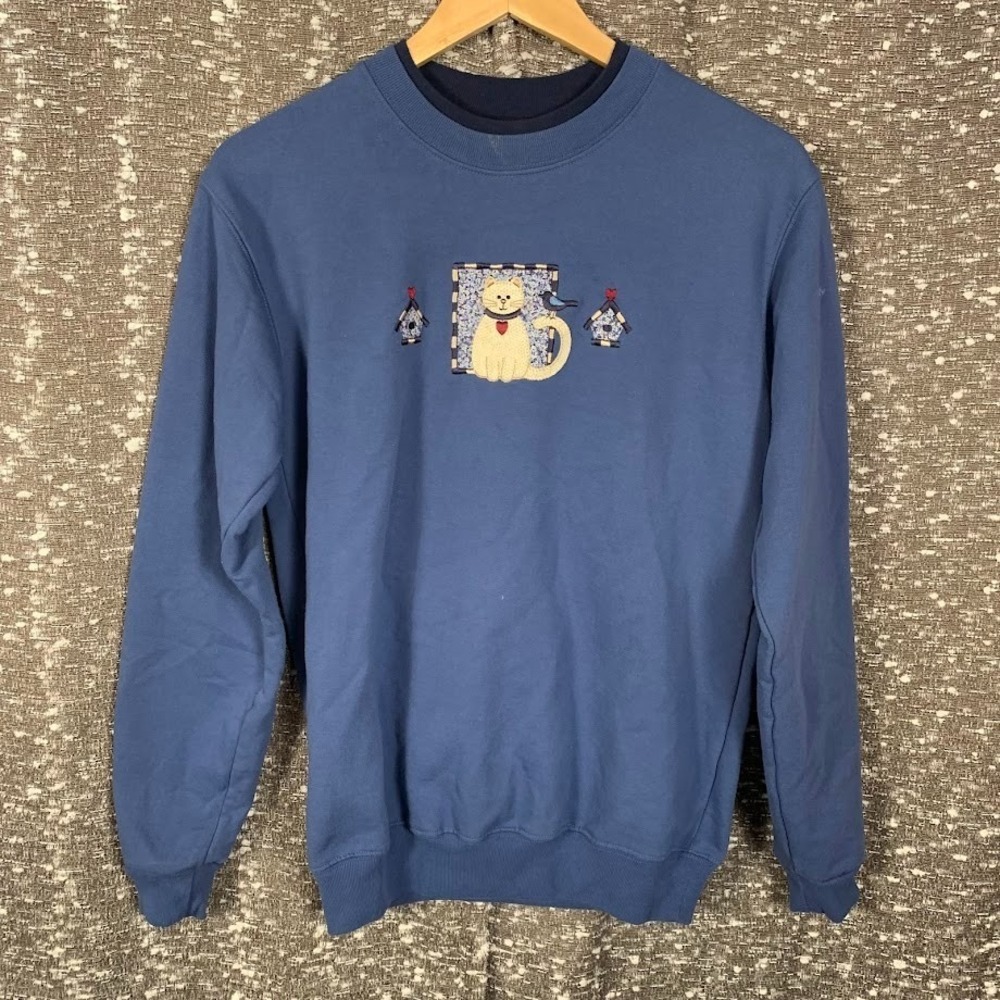 Country Store Blue Pullover Sweatshirt Cat Embroidered Cottagecore Women's Small